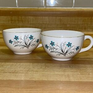 Set of 2 Teal Cornflower Tea Cups Gold Rims